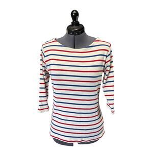 LL Bean 100% Cotton Stripe Boatneck 3/4 Sleeve Top Red White Blue Sz M